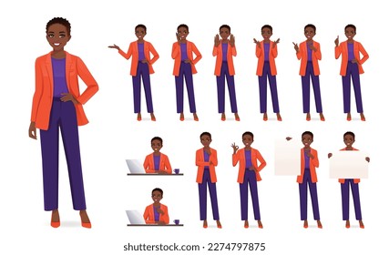 Elegant beautiful business woman in different poses set. Various gestures female character standing and sitting at the desk isolated vector illustration