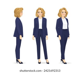 Elegante y hermosa mujer de negocios con diferentes vistas laterales desde el frente, desde el lateral y a media vuelta. Ilustración vectorial aislada