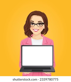 Elegant beautiful business woman holding blank empty screen laptop pc computer isolated on yellow background vector illustration