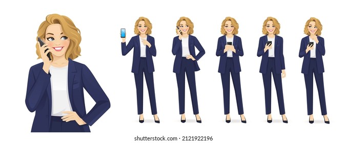 Elegant beautiful business woman with mobile phone talking, texting and showing empty sreen isolated vector illustration