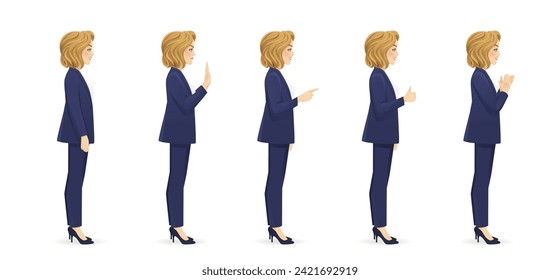 Elegant beautiful business woman side view different gestures set isolated vector illustration