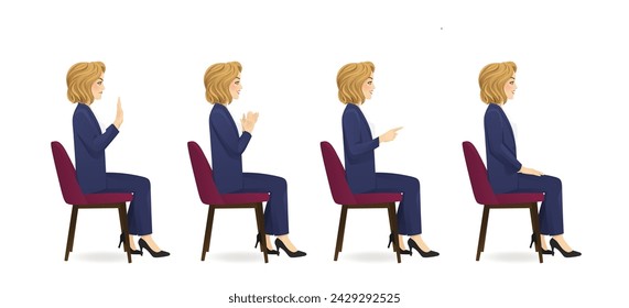 Elegant beautiful business woman sitting in the chair side view different gestures set isolated vector illustration