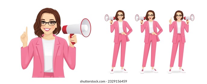 Elegant  beautiful business woman standing with megaphone and shouting set vector illustration isolated