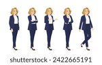 Elegant beautiful business woman in suit half turn view different gestures set isolated vector illustration
