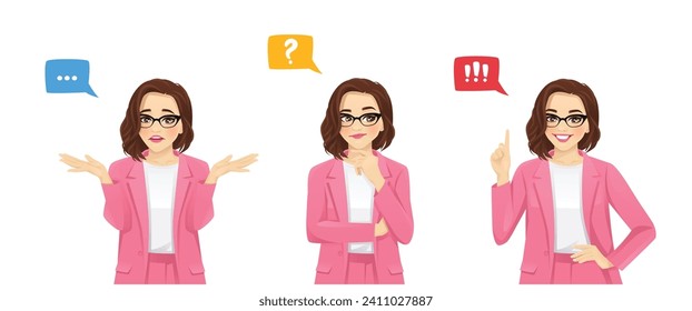 Elegant beautiful business woman in suit frustrated, thinking and making idea pointing up isolated on white background vector illustration