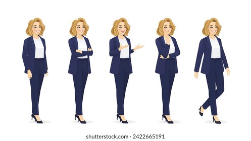 Elegante hermosa mujer de negocios en traje mitad vuelta ver diferentes gestos conjunto aislado ilustración vectorial