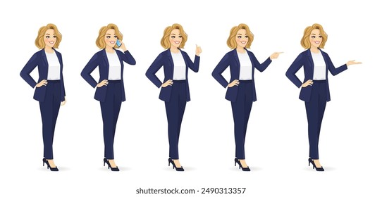 Elegant beautiful business woman in suit half turn view different gestures set. Standing, showing, pointing, talking on the phone, thumb up isolated vector illustration.