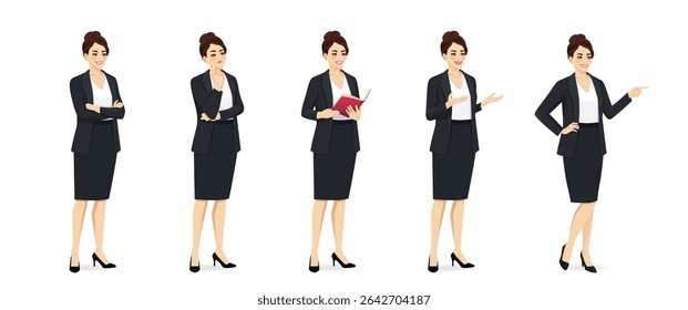 Elegant beautiful business woman in suit standing half turn view different poses set. Standing with arms crossed, thinking, holding book, pointing, speaking. Isolated vector illustration.