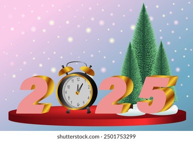 Elegant and beautiful design of new year numbers 2025 on red podium with Christmas tree and clock instead of 0. Happy New Year 2025 design Elegant design of New Year celebration with splash of holida