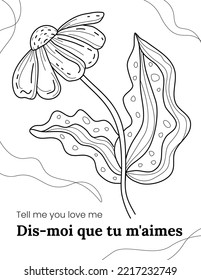 Elegant, beautiful drawing with French quotes. Hand drawn colouring page for kids and adults.  Lettering illustration, text card, poster or lettering print, postcard. Coloring book picture.