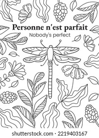 Elegant, beautiful drawing with French quotes. Hand drawn colouring page for kids and adults.  Lettering illustration, text card, poster or lettering print, postcard. Coloring book picture.