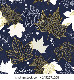 Elegant beautiful floral leaves seamless pattern, hand drawn maple leaves, creative line art background, great for fall seasonal fabric fashion prints, autumn banners, wallpapers vector surface design