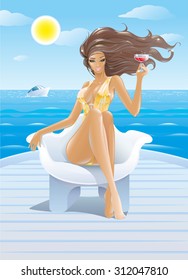 Elegant beautiful glamorous brunette with tanned long hair and shapely legs in a gold swimsuit drinking cocktails and relaxing on a yacht in the ocean near the beach sitting on a deck