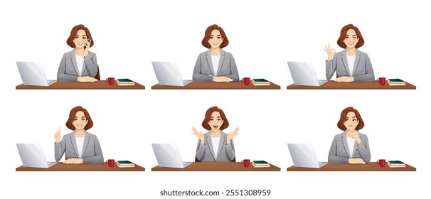 Mujer de negocios madura hermosa elegante en traje usando la computadora portátil y sentada en el escritorio en diferentes poses. Conjunto de Ilustración vectorial aislado