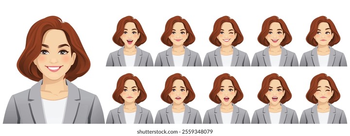 Elegant beautiful mature business woman with red hair. Different facial expressions set isolated vector illustration