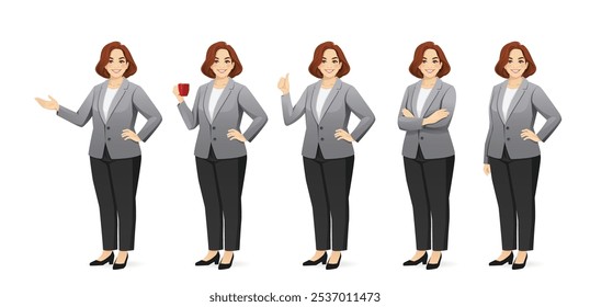 Elegant beautiful mature full-figured business woman in suit, standing in half-turn pose with various gestures. Isolated vector illustrations set