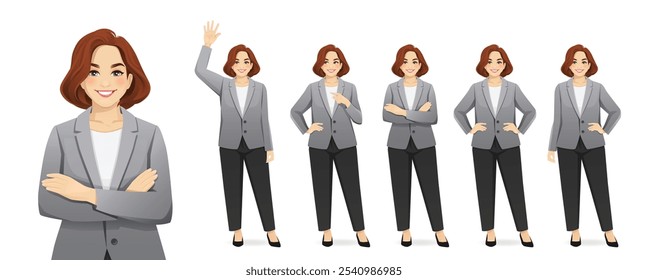 Elegante bela mulher de negócios madura de figurino completo em terno. Poses diferentes - apontando, renunciando, de pé, com mãos cruzadas e braços nos quadris. Conjunto de ilustrações vetoriais isoladas