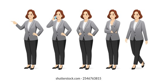 Elegant beautiful mature full-figured business woman in suit. Half turn view different gestures set isolated vector illustration