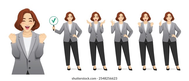 Mujer de negocios madura hermosa elegante de la figura completa en traje con emociones positivas. Conjunto de Ilustración vectorial aislado