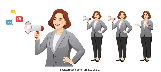 Elegante hermosa mujer de negocios madura de figura completa en traje de pie y hablando con Ilustración vectorial de megáfono aislado