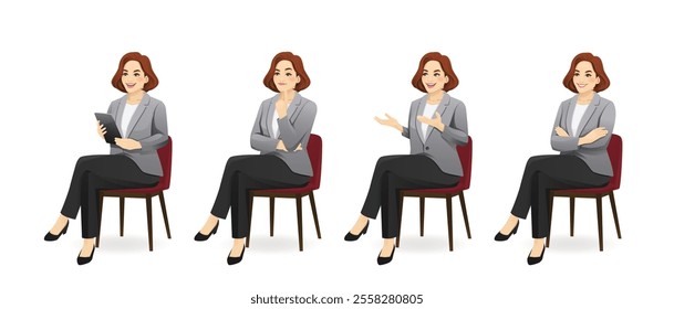 Elegant beautiful mature full-figured business woman in suit sitting in the chair half turn view different gestures set isolated vector illustration