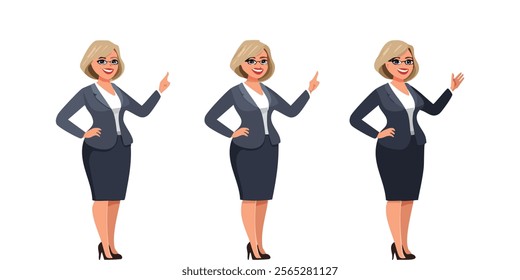 Elegant beautiful mature full-figured business woman in suit. Diferent poses - pointing, waiving, standing, with crossed hands and arms on hips. Isolated vector illustration 