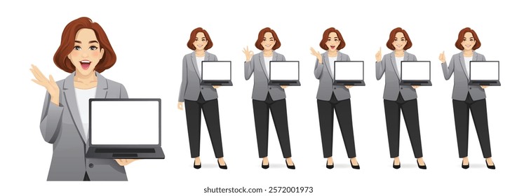 Elegant beautiful mature full-figured business woman in suit showing blank screen laptop computer standing different posing isolated vector illustration