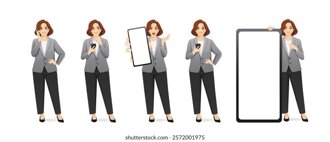 Elegant beautiful mature full-figured business woman in suit holding mobile phone, talking, texting, thinking and showing empty screen isolated vector illustration