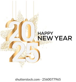 Elegant and beautiful New Year 2025 design featuring bold, 3D numbers with gold gradients and sparkling effects. Perfect for New Year celebrations with festive confetti and luxury vibes