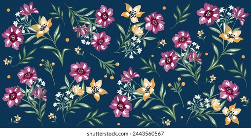 Elegant beautiful pattern of flowers and branches in vector, flat style.