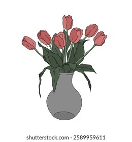 Elegant And Beautiful Pink Tulips in a Grey Vase Against a White Background.