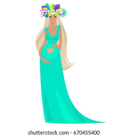 An elegant beautiful pregnant woman in long turquoise dress, caressing her belly with heart on it, tropical coronal from summer leaves and flowers, with closed eyes, long hairs. Vector illustration