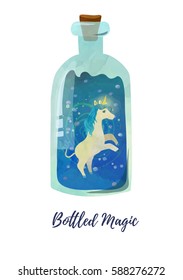 Elegant and beautiful rearing unicorn casts magic in the bottle. 