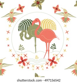 Elegant beautiful seamless pattern with flamingo and hummingbirds.