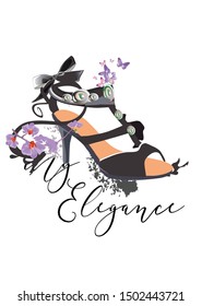 Elegant beautiful shoes decorated with butterflies and flowers. Hand drawn vector illustration.