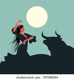 Elegant and beautiful Spanish flamenco dancer with long hair, dancing in front of a bull under the moon