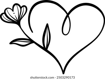 Elegant beautiful vector heart with a flower, hand drawn ink illustration, isolated