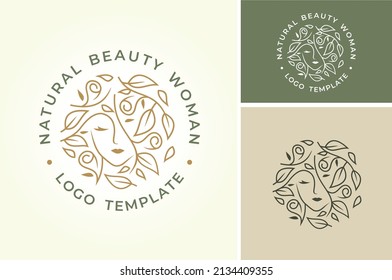 Elegant Beautiful Woman with Floral Leaf Hair for Natural Organic Beauty Shampoo Cosmetic Logo design