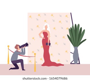 Elegant Beautiful Woman Posing to Paparazzi, Photographers with Cameras Photographing at Movie Festival, Premiere, Ceremony Show, Party for Famous People Flat Vector Illustration