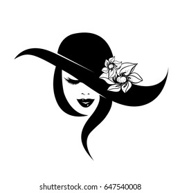 Elegant, beautiful woman smiling, wearing a hat with flowers.Vector icon.