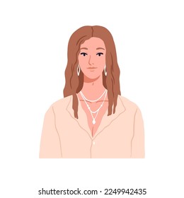 Elegant beautiful young woman, face head portrait. Pretty girl with jewelry, earrings, necklace. Attractive female character in blouse, jewellery. Flat vector illustration isolated on white background