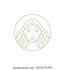 Elegant beauty female long hair portrait natural cosmetic skin care line art deco vintage logo vector illustration. Woman face coiffure hairdressing circle frame haircut cosmetology makeup artist icon