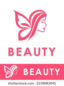 Elegant beauty logo design featuring a woman's face with butterfly-shaped hair