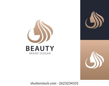 Elegant Beauty Logo Design with Woman Silhouette and Hair Wave.