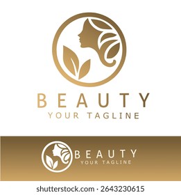 Logotipo de beleza elegante com um perfil de mulher com cabelo fluindo e folhas, fechado em uma moldura circular. Ideal para produtos naturais de cuidados da pele, bem-estar, spa ou cosméticos