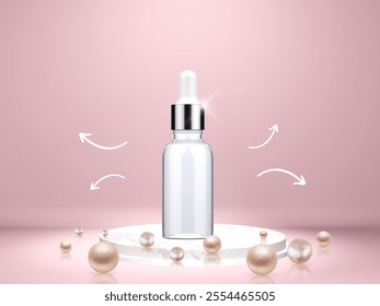 Elegant beauty product display with a glass serum bottle and pearls on a soft pink background.