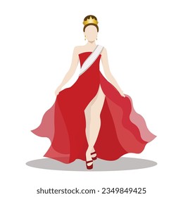 An elegant beauty queen in red dress with sash and crown. Vector illustration flat charactor design on white background