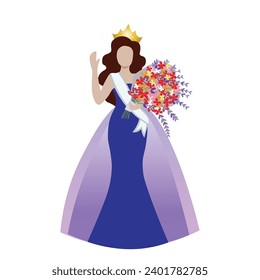 An elegant beauty queen winner in dark blue evening gown with sash and crown, and holding flower bouquet. Vector illustration on white background