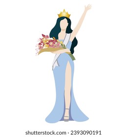 An elegant beauty queen winner in soft blue evening gown with sash and crown, and holding flower bouquet. Vector illustration on white background