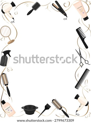 Elegant beauty salon frame created with professional hairdressing tools and hair care accessories arranged around a blank central space. Features hair dryer, styling brush, hair straightener, scissors, comb, spray bottle, hair coloring bowl, tint brush, shampoo, and cosmetic products.